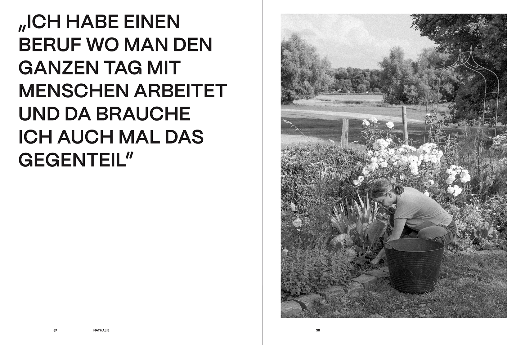Spread from Alleine/Zusammen: quote and portrait of Nathalie in her garden.