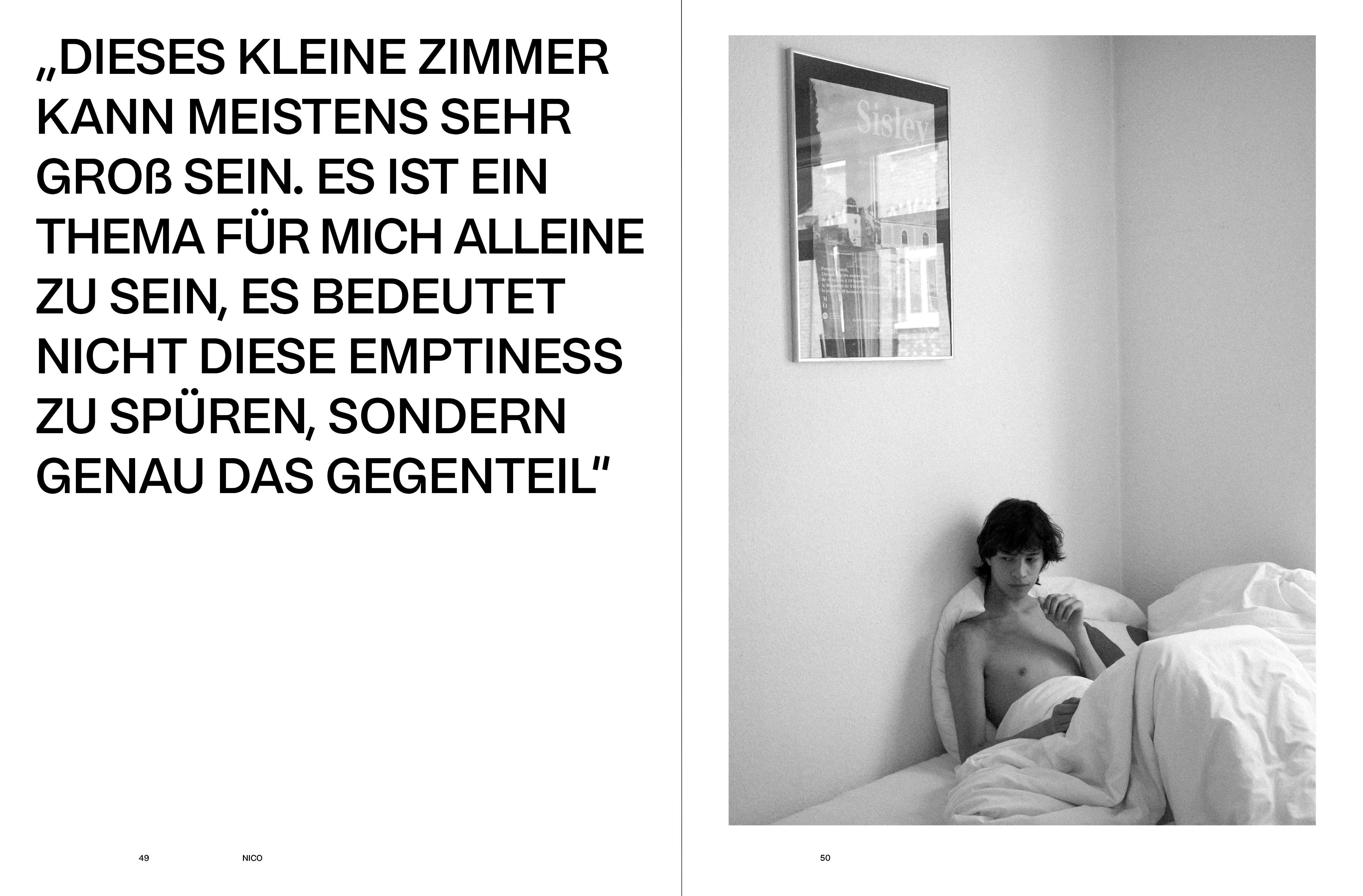 Spread from Alleine/Zusammen: quote and portrait of Nico in bed.