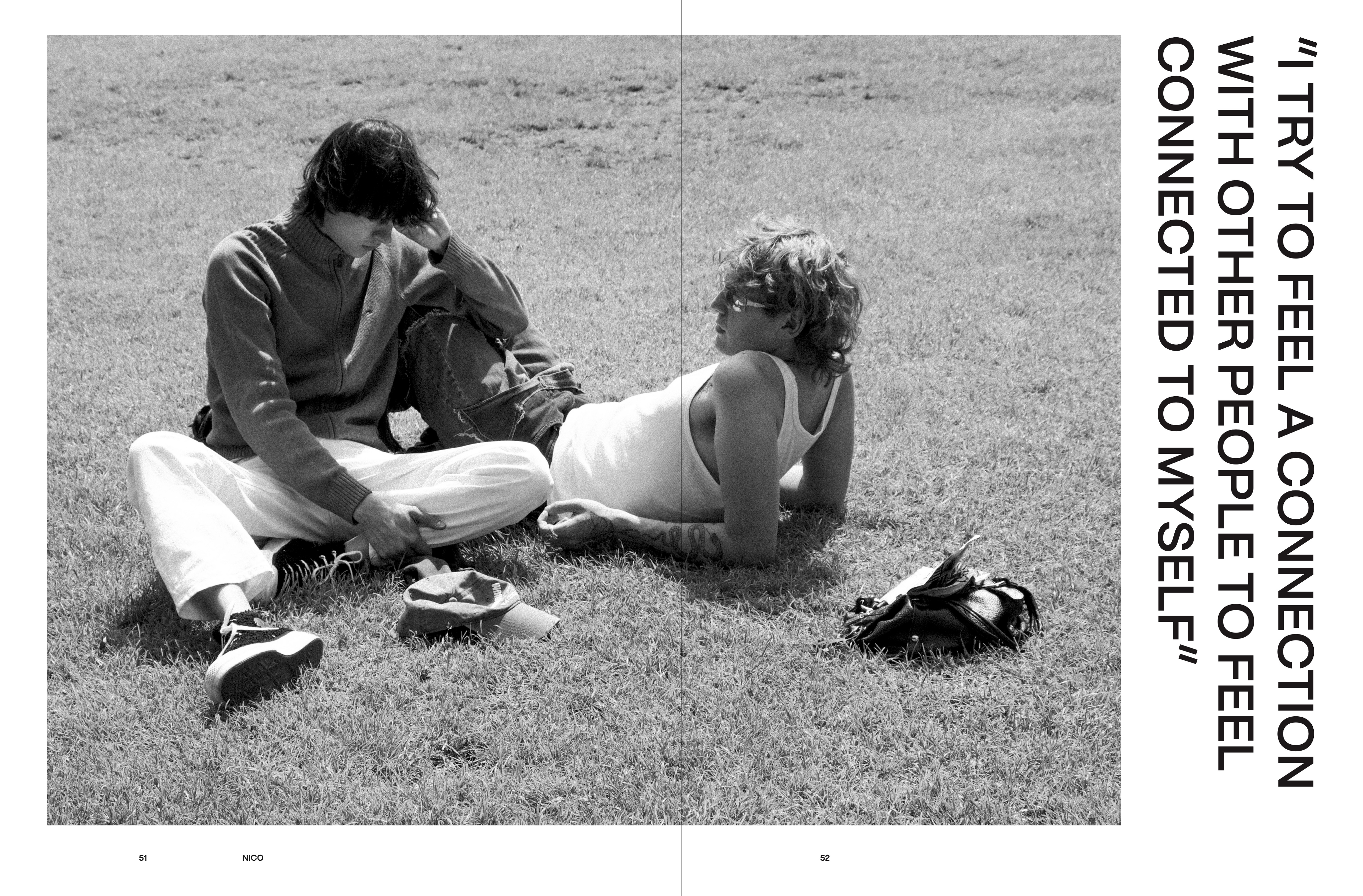 Spread from Alleine/Zusammen: portrait of Nico with a friend in a field, with quote.