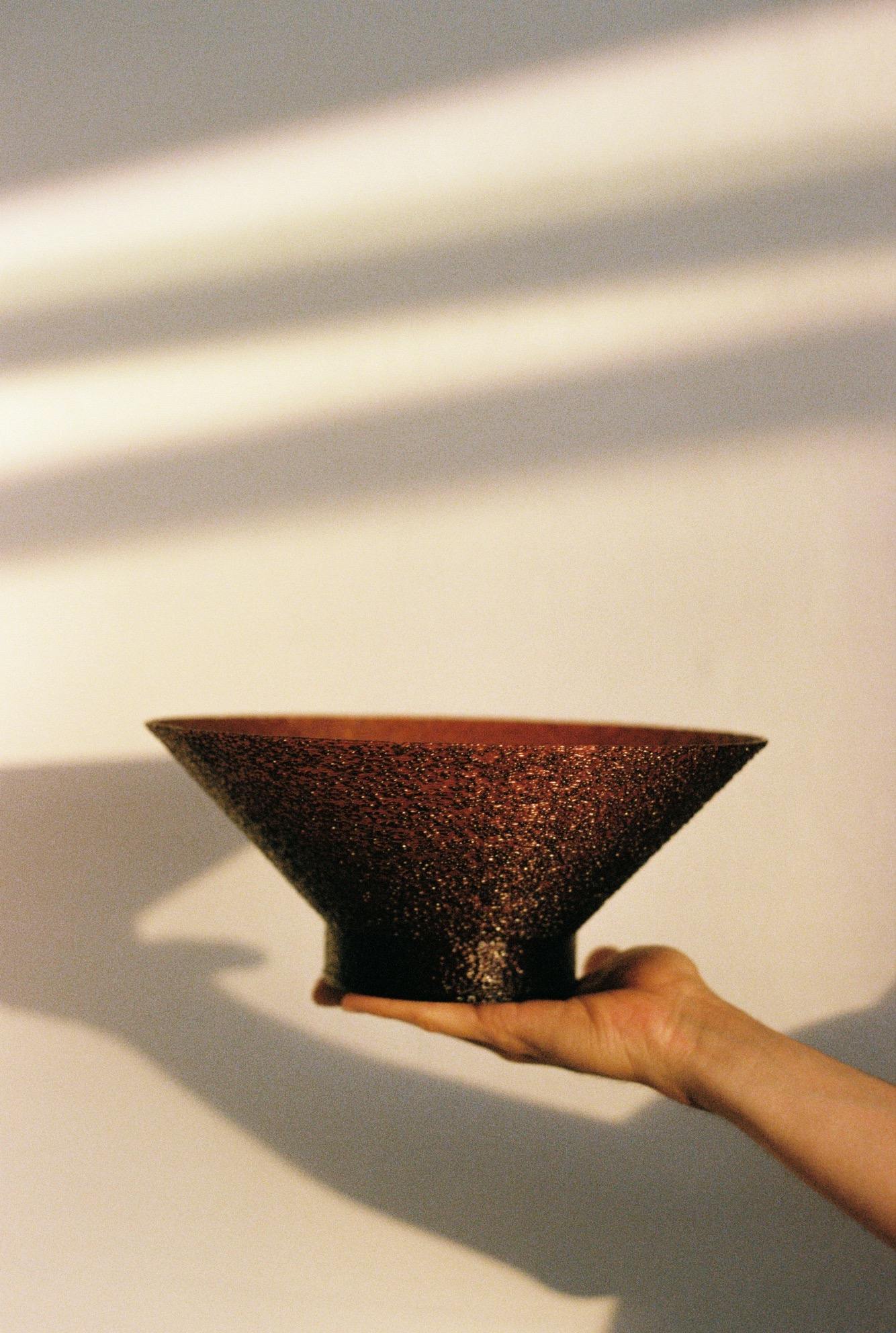 Hand holding a ceramic bowl in sunlight.