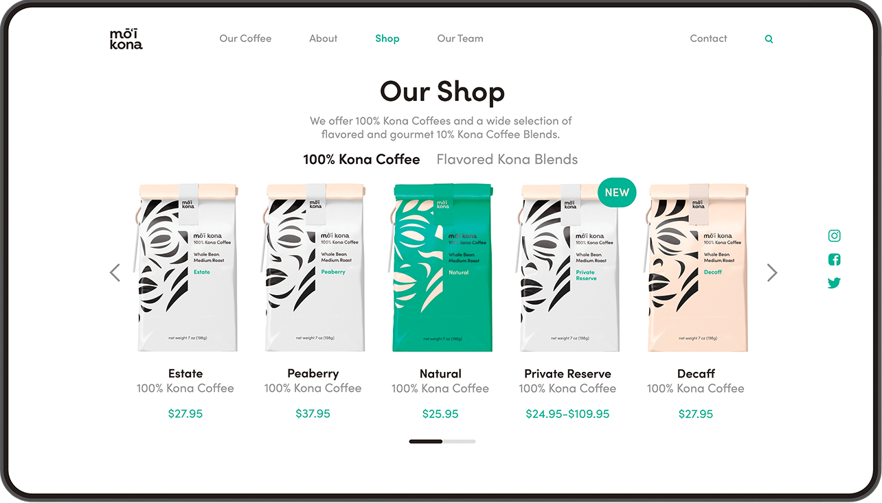 Shop page design for the Moi Kona website.