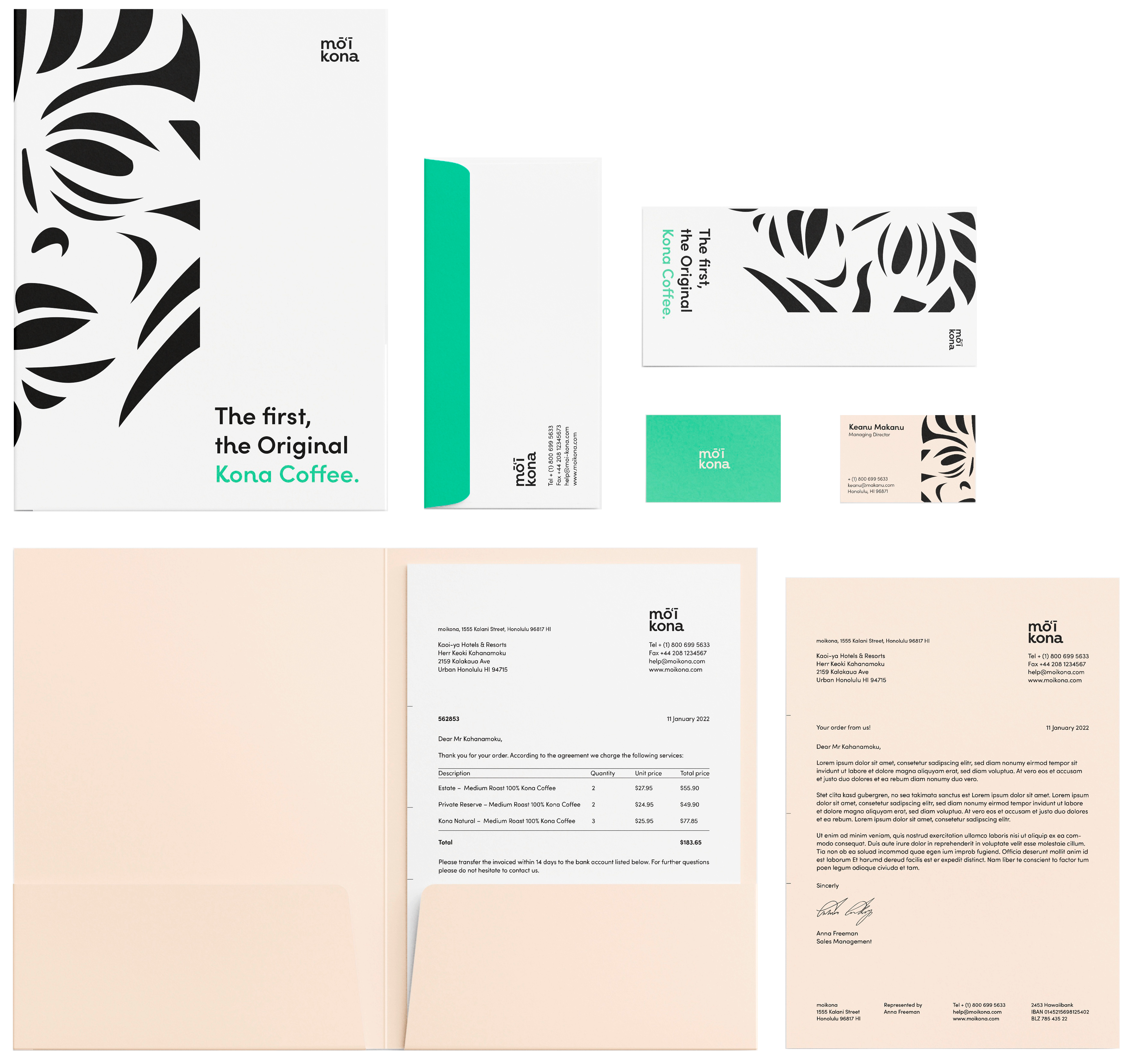 Branding materials for Moi Kona, including folder, envelope, and letterhead.