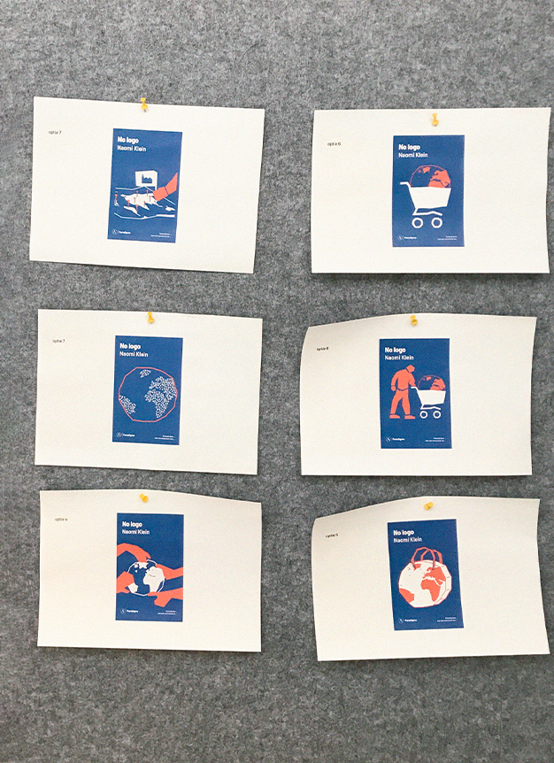 Poster mockups for the No Logo book cover, pinned to a corkboard.